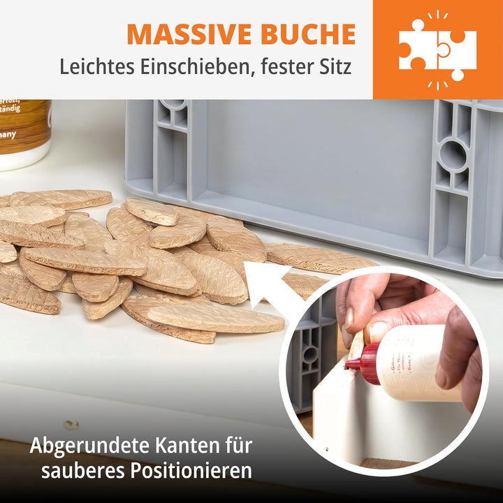 Flachdübel Grösse 10 von WFix | 250 Stück | Buchen Dübel in Eurobox | Kompatibel mit Dübelfräse & La