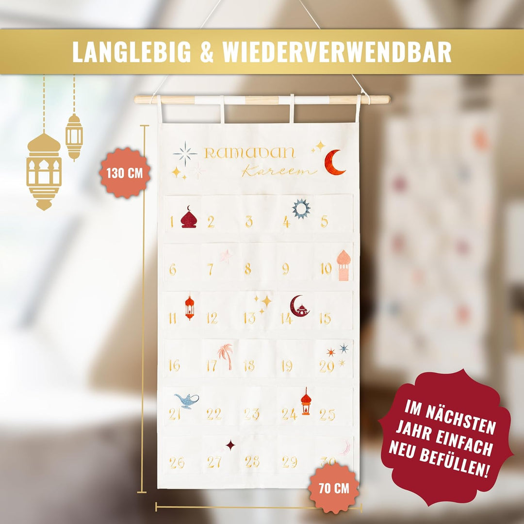 AMARI ® Ramadan Wandkalender aus Stoff mit Befestigungsstange - Ramadankalender zum Befüllen - Ramad