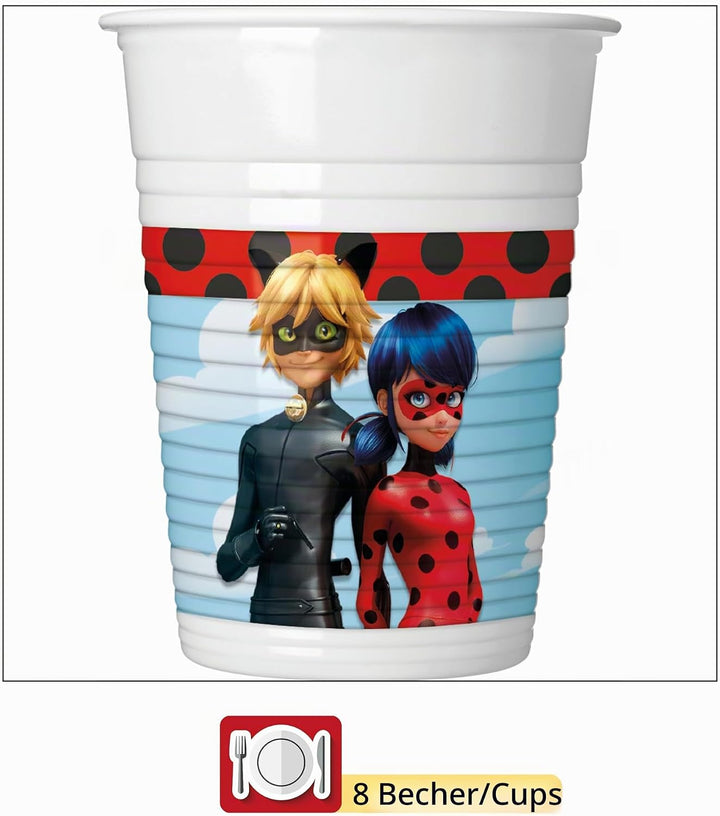 Partygeschirr Party-Set Miraculous Ladybug für 8 Personen (36 pcs: 8 Pappteller Ø23cm, 8 Becher 200m