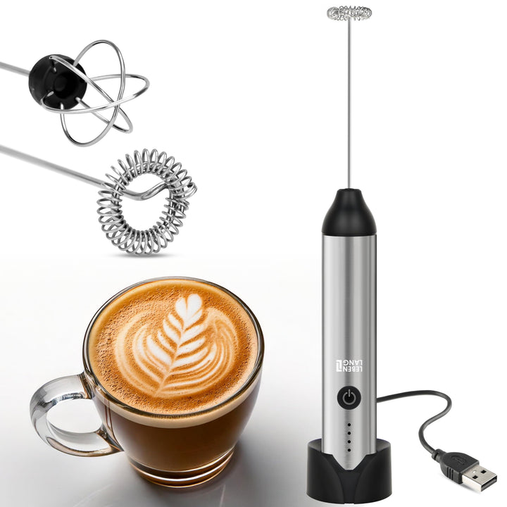 LEBENLANG Milchaufschäumer Stab elektrisch wiederaufladbar - USB Anschluss & Inkl. Extra Rührbesen I