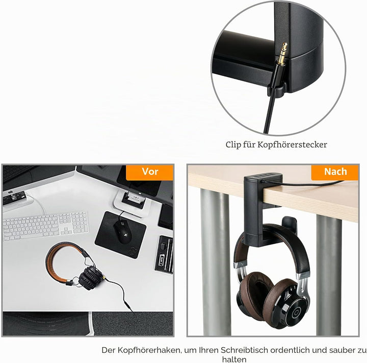 KIWIFOTOS Kopfhörerständer mit USB-Hub, Untertisch-Headset-Aufhänger mit 4 USB-Anschlüssen (1 USB 3.