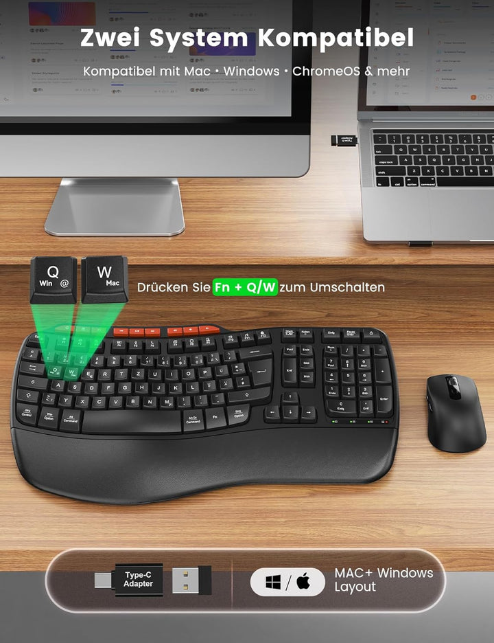 Tastatur Maus Set Kabellos, 2,4GHz Wave Tasten in Voller Grösse, Ergonomische Tastatur mit Gepolster