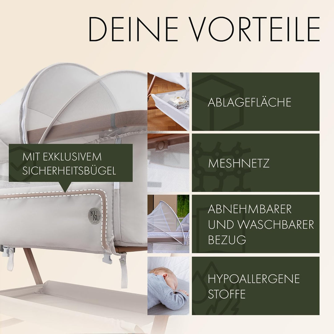 KUNU® Babybett - Beistellbett Baby mit Rollen für Boxspringbett - 3 in 1 rollbares Baby Bett Reise B
