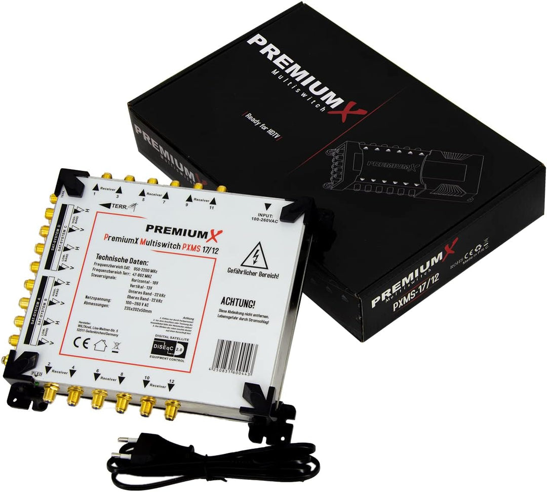 PremiumX PXMS 17/12 Multischalter mit Netzteil Multiswitch 4 SAT für 12 Teilnehmer Satverteiler Digi