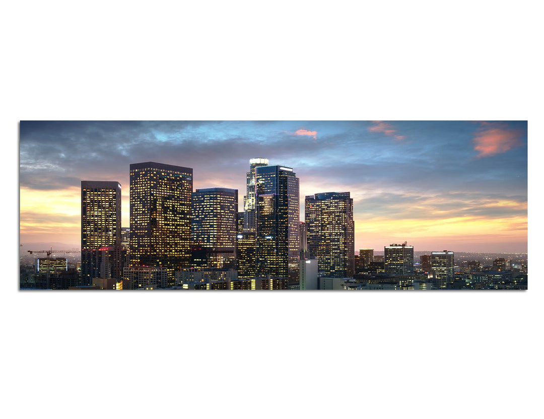 Paul Sinus Art Panoramabild auf Leinwand und Keilrahmen 150x50cm Los Angeles Wolkenkratzer Sonnenunt