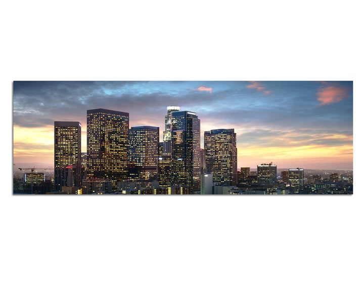 Paul Sinus Art Panoramabild auf Leinwand und Keilrahmen 150x50cm Los Angeles Wolkenkratzer Sonnenunt