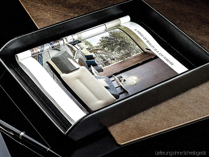 DELMON VARONE - Briefablage DIN A4 aus Premium Leder Boxcalf schwarz, Schreibtisch Organizer als Abl
