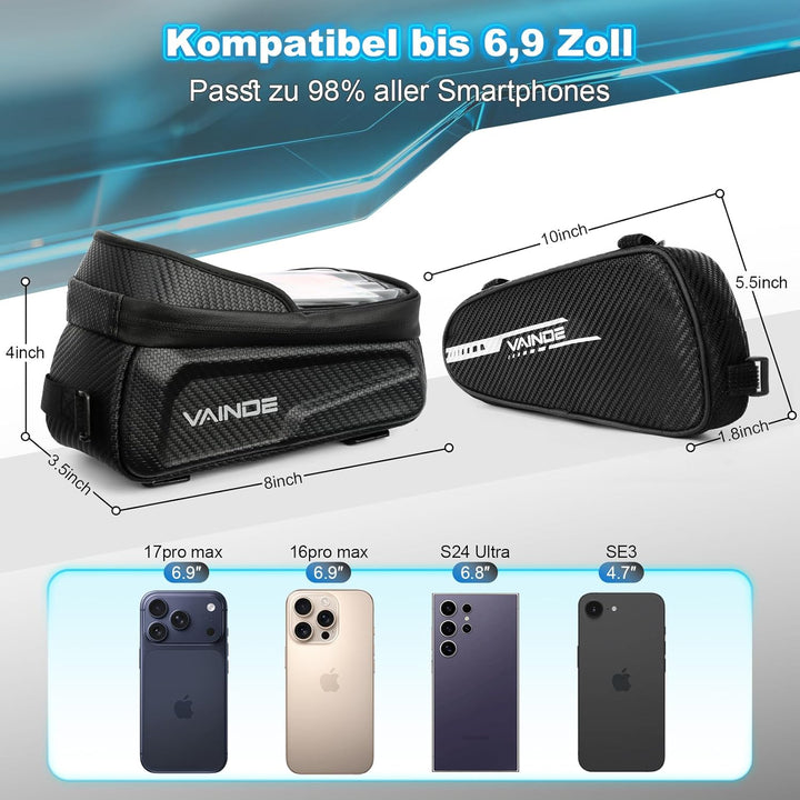 2er Set Fahrradtasche Rahmen, Rahmentasche Fahrrad, Lenkertasche Wasserabweisend Handytasche für Sma