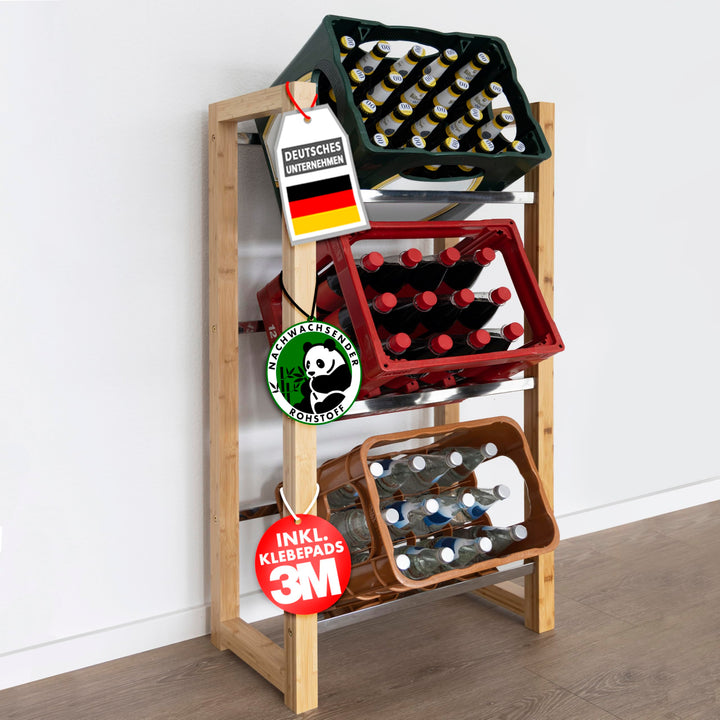 Floordirekt Getränkekistenregal für 3-6 Kisten aus Bambus &amp; Stahl, stabiles und robustes Weinregal,