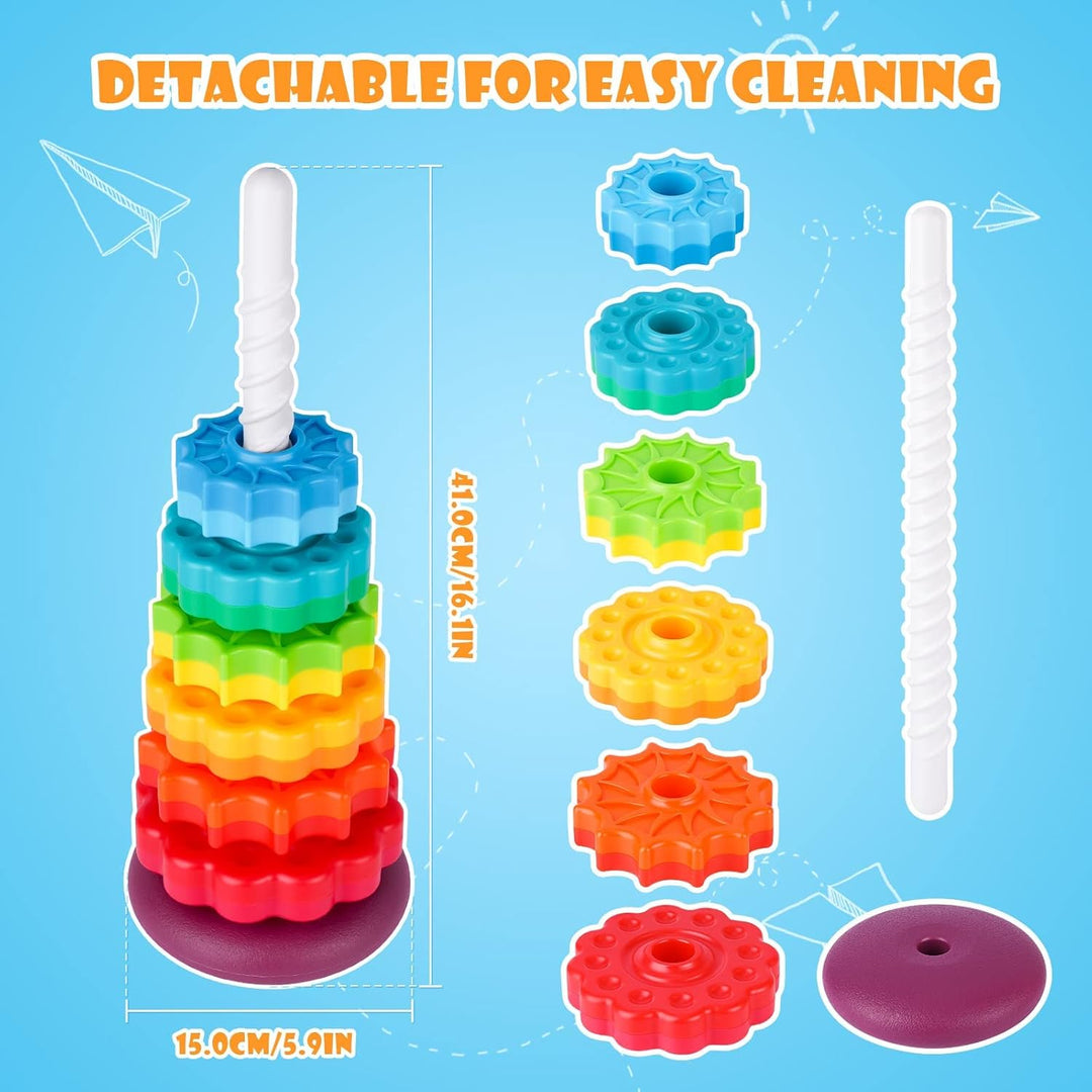 41cm Stapelturm mit Drehfunktion, Regenbogen-Stapelringe Spielzeug für Kinder, Zweifarbige drehende