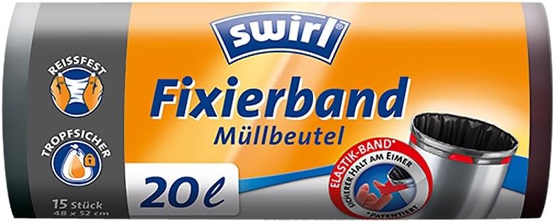 10er SET Swirl® 20 Liter Müllbeutel mit Fixierband - 15 Stk. je Rolle/Abfallbeutel/Mülltüten/Zugband