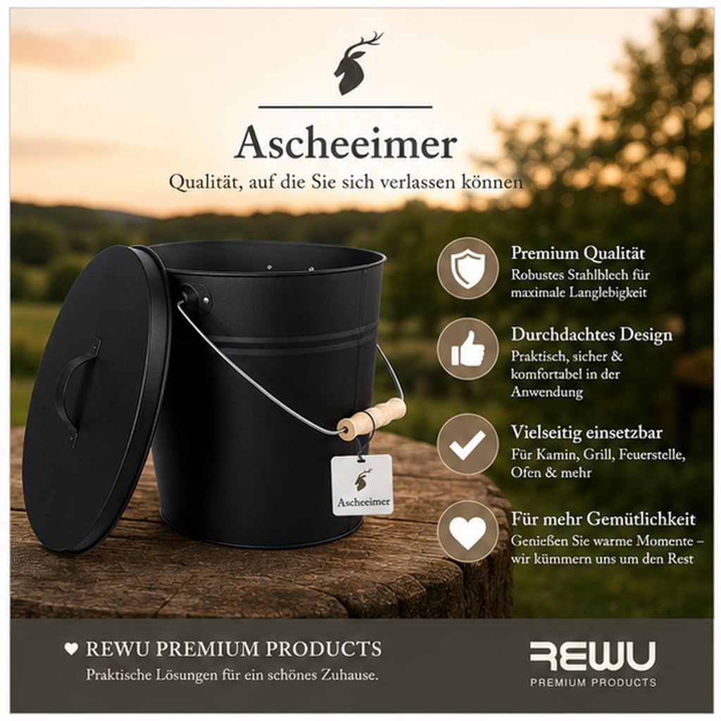 ReWu Stahleimer Ascheeimer Mehrzweckeimer oval mit Deckel für heisse Glut und Asche - Grösse 15 l -