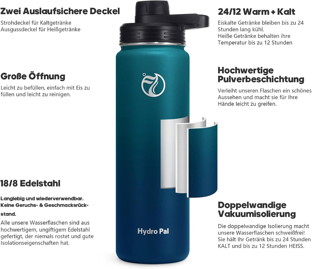 HydroPal Edelstahl Trinkflasche - 750ml, 1L, 1,2L, BPA-Frei, Kohlensäure geeignet, Isolierte Thermos