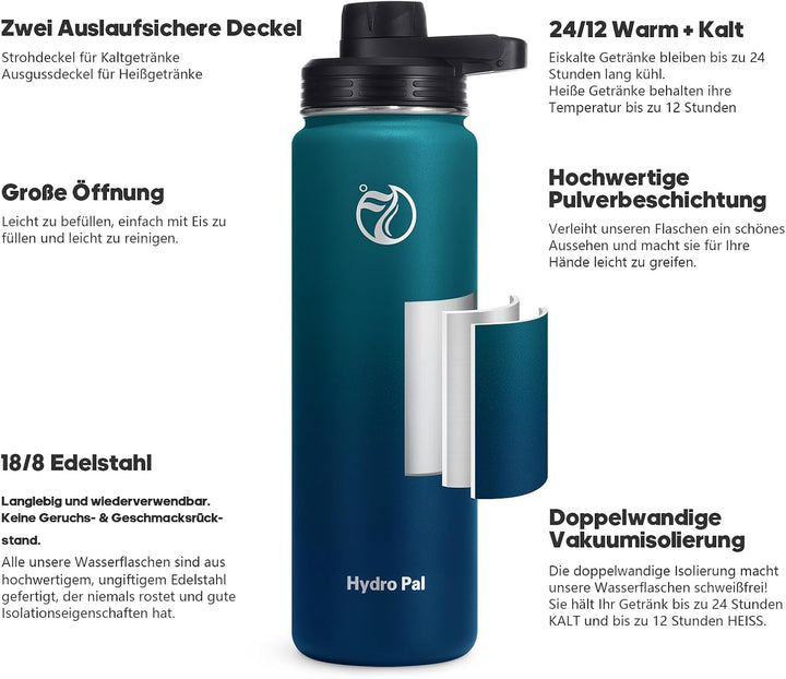 HydroPal Edelstahl Trinkflasche - 750ml, 1L, 1,2L, BPA-Frei, Kohlensäure geeignet, Isolierte Thermos