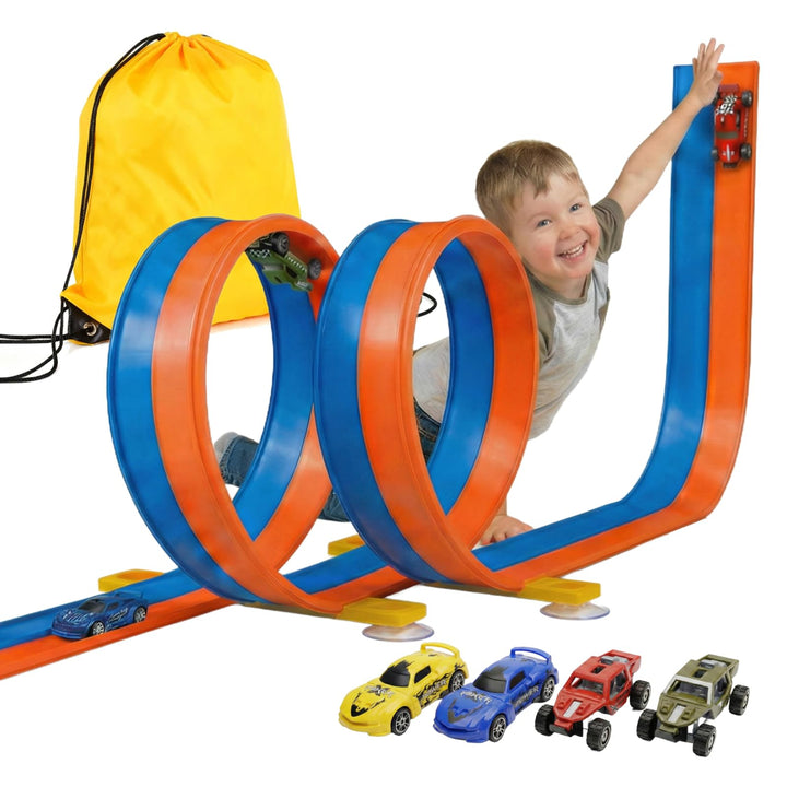 5M Flexible Autorennbahn Set mit 2 Loopings, 2-in-1 Rennbahn mit Autos & Tragtasche, Schwerkraft & P