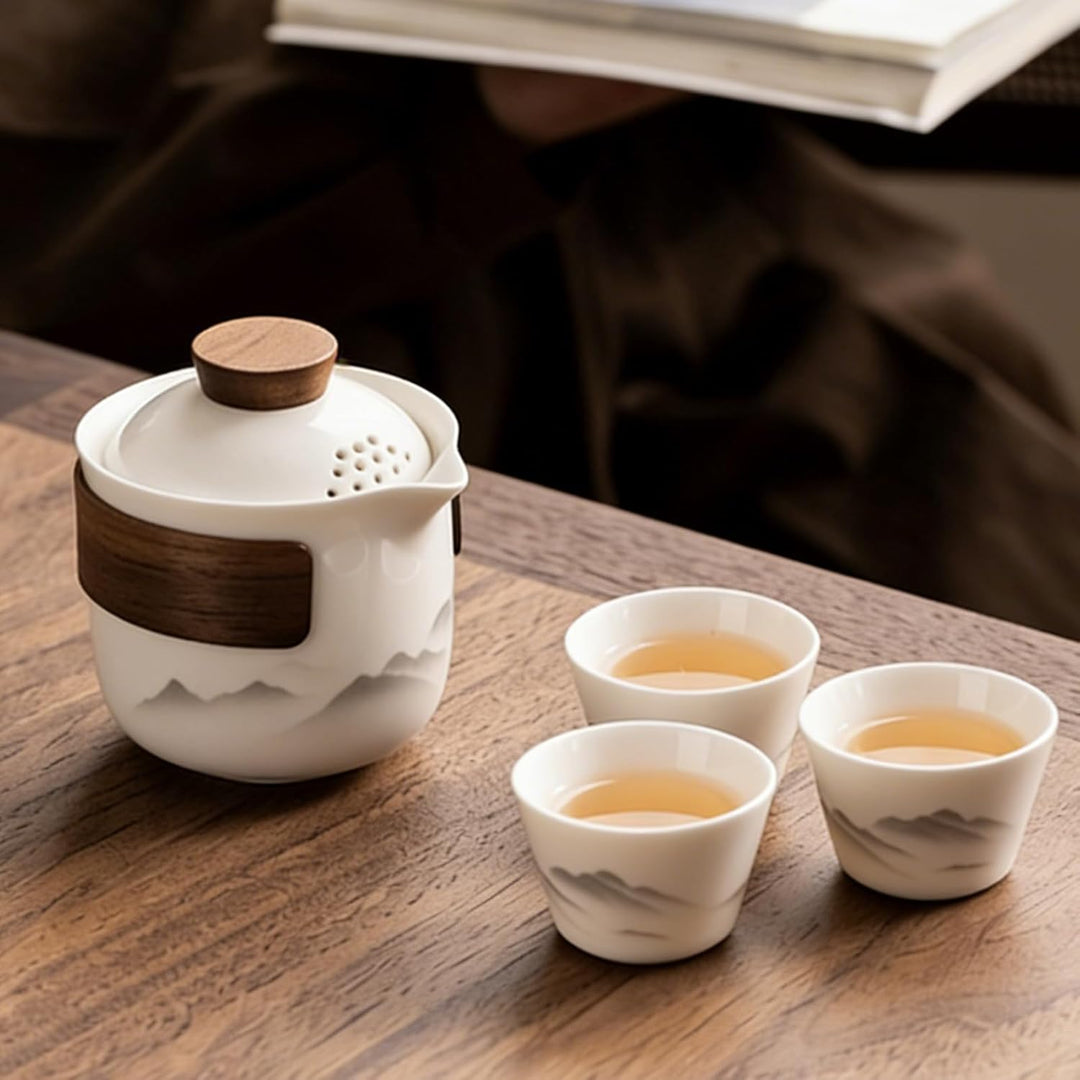 BAIFULAI Chinesisches Gongfu-Tee-Set: Tragbares Keramik-Teeset mit 1 Kanne (200 ml) und 3 Tassen (45