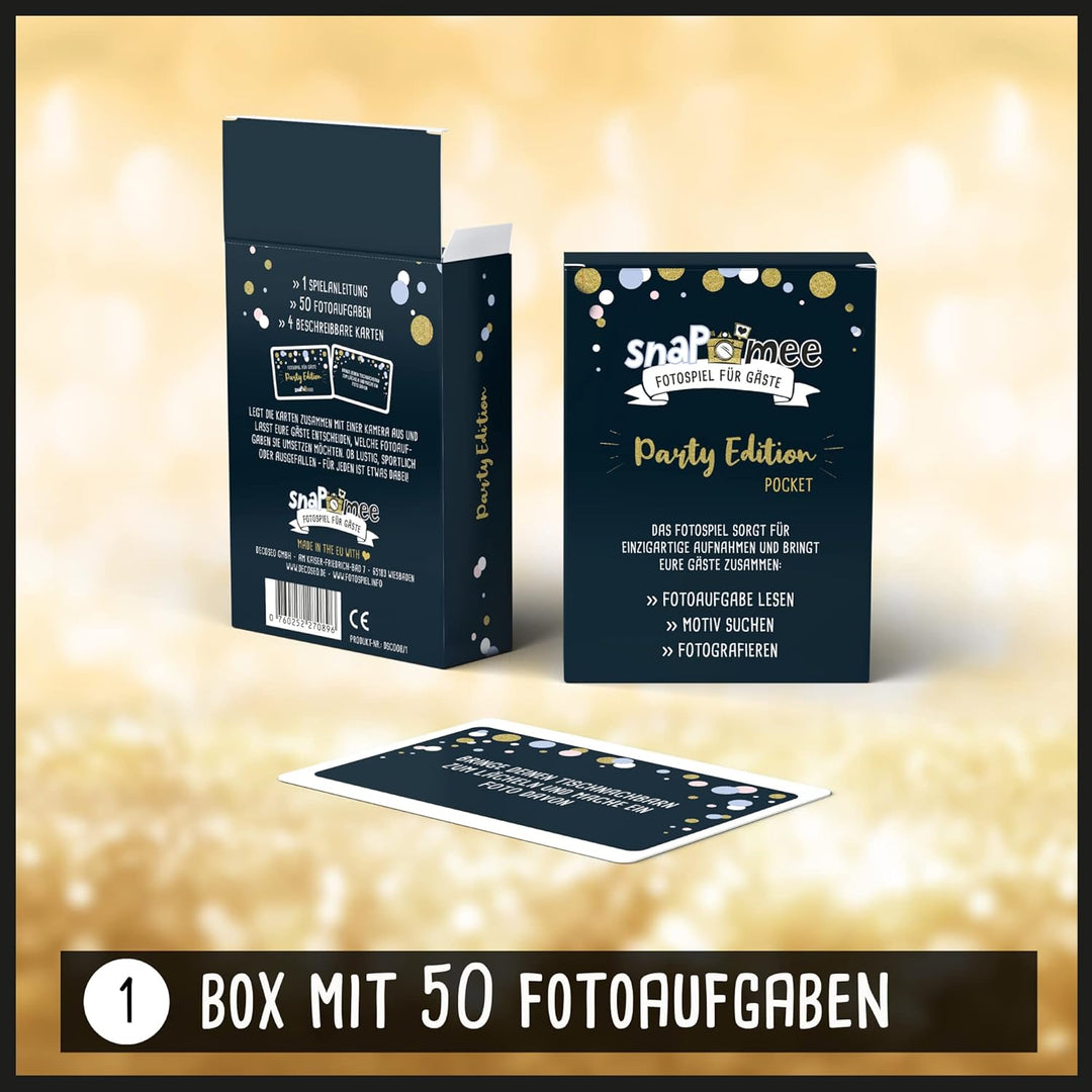 Fotospiel Set Party by snaPmee - Fotoaufgaben, Hardcover-Gästebuch (21x21cm), Stift, Sticker, Aufste