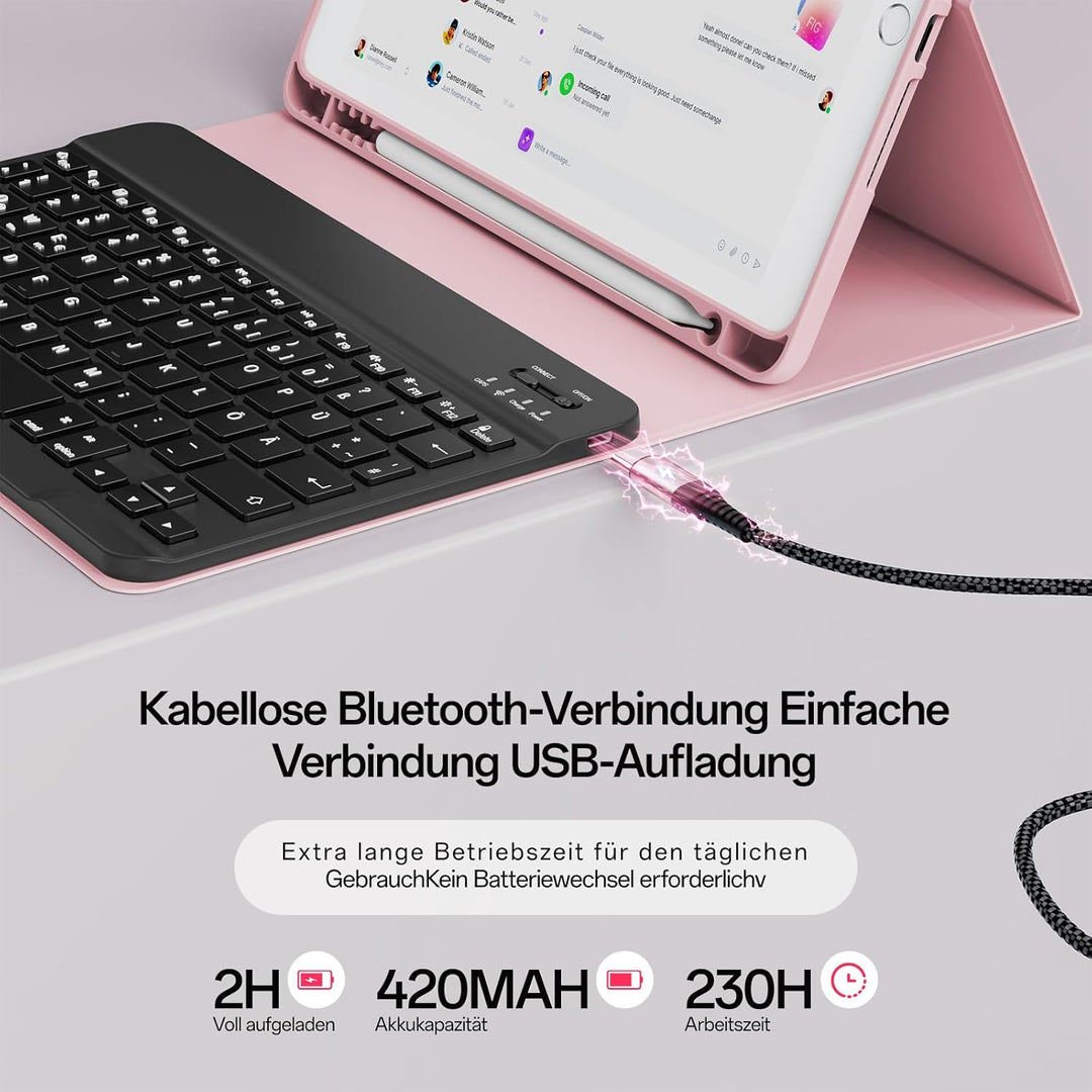Hülle mit Tastatur für iPad 9/8/7 Generation (2021/2020/ 2019), Weiche TPU Rückseite mit Stifthalter