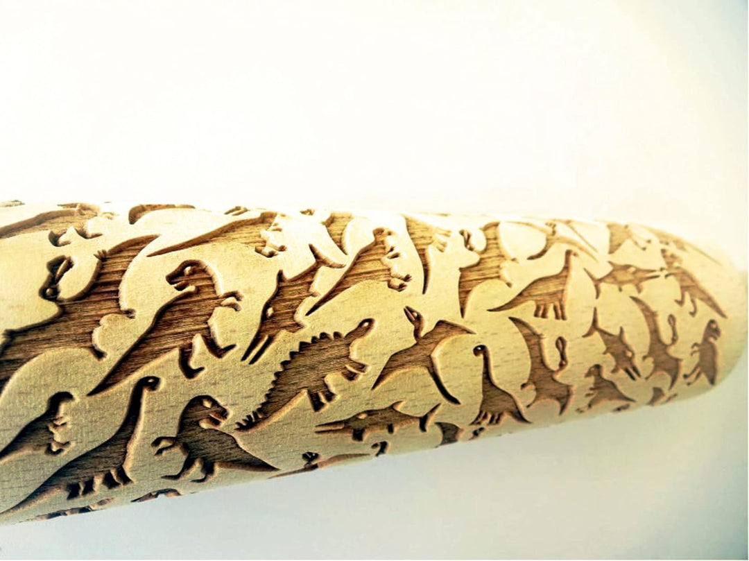 DINOSAURIERE Nudelholz. Geprägte Teigroller für Gebäck und Keramik. Gravierte Nudelholz mit Muster v