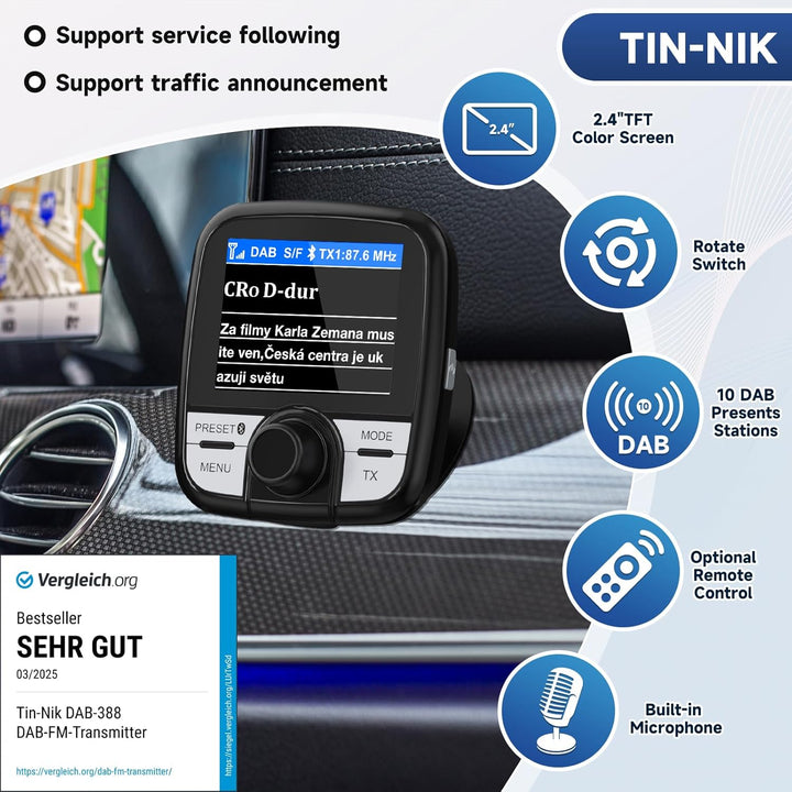Tin-Nik DAB-388 DAB Adapter für Autoradio, FM-Transmitter für DAB+ Sender und Bluetooth-Verbindung v