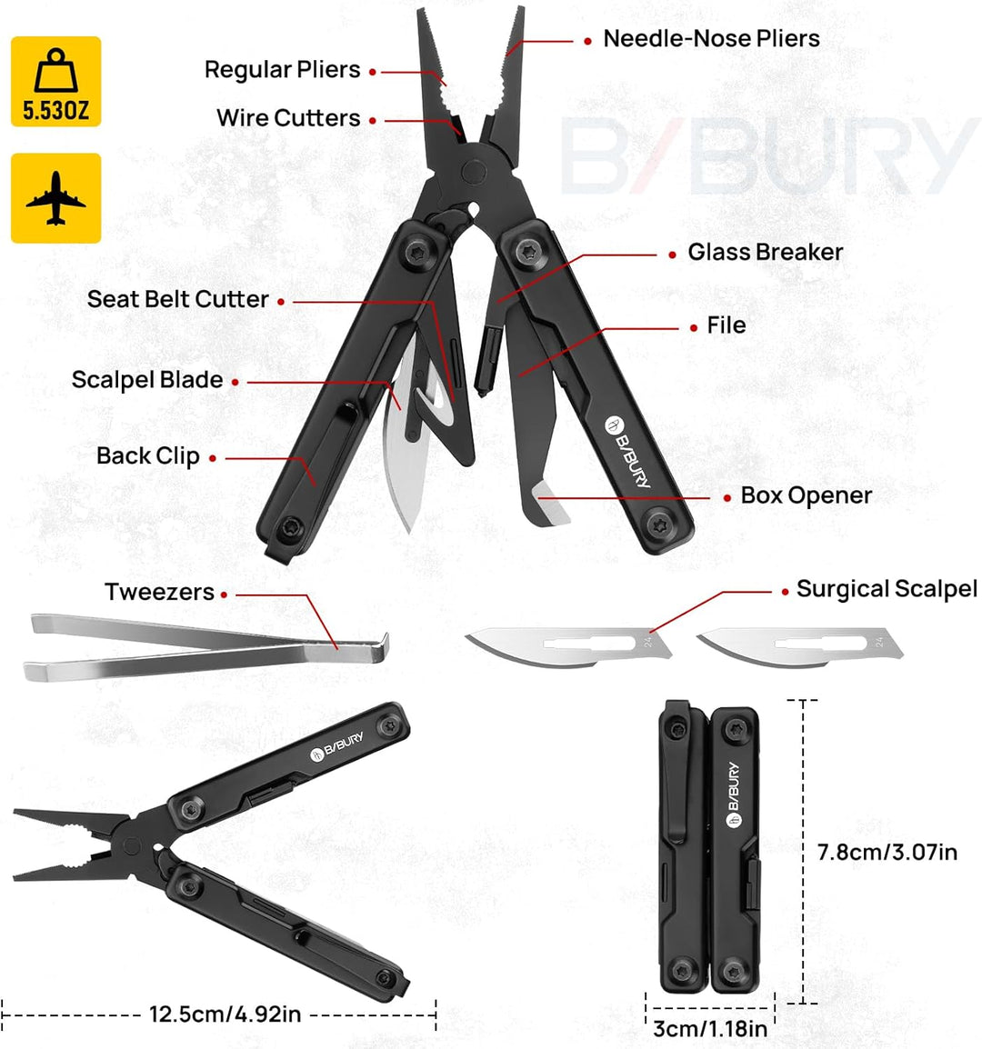 BIBURY Mini Multitool Zange Mit Unsichtbare Pinzette, 10 in 1 EDC Multi Tool Mit Glasbrecher Rückenc