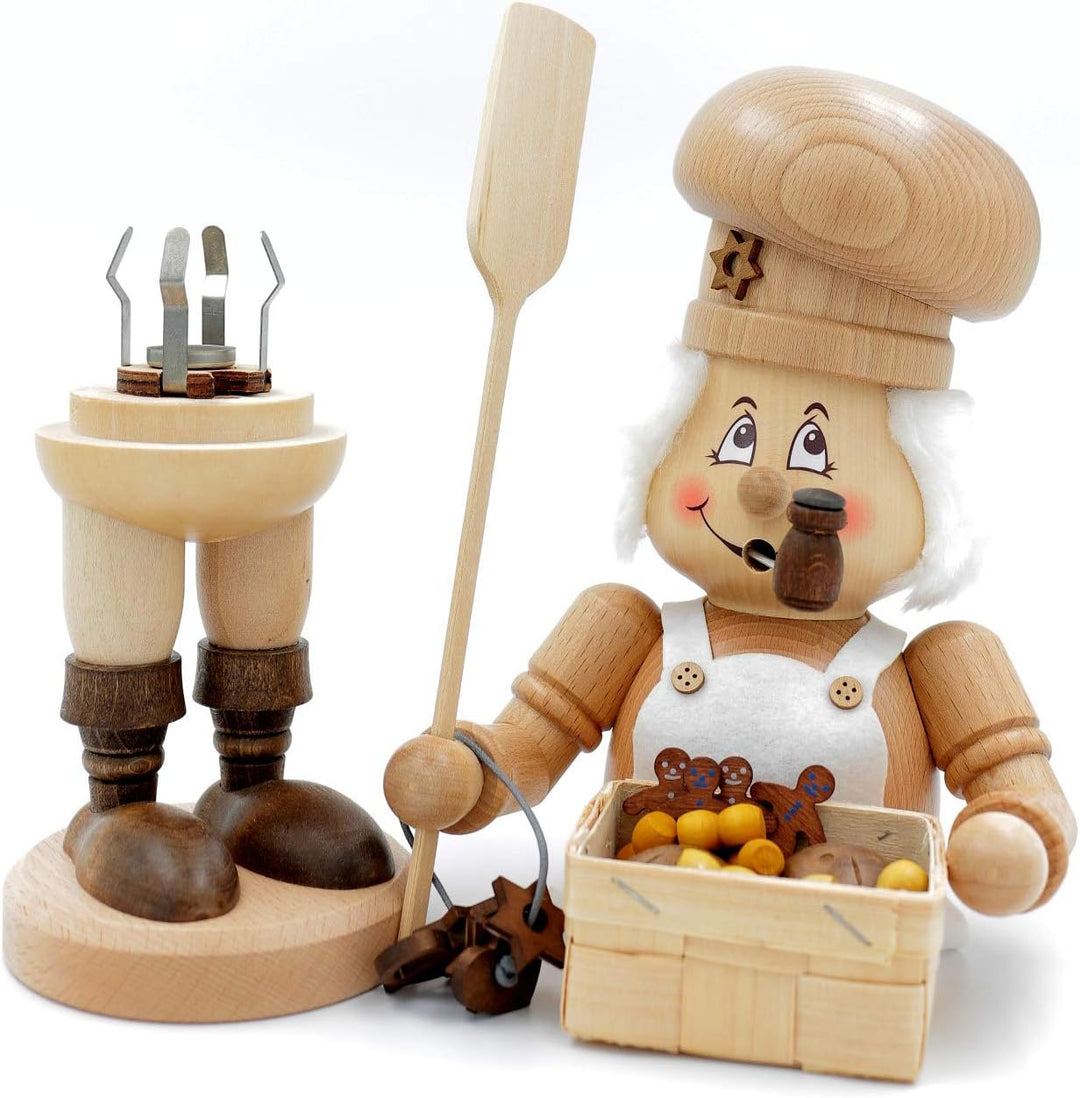 Kuhnert - Original Erzgebirgische Holzkunst Räuchermann Räucherfigur Wichtel 33cm - Bäcker Natur