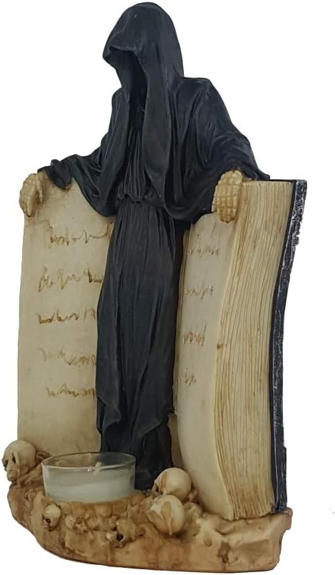 Teelichthalter Reaper mit Buch Gothic Figur Grusel Halloween Fantasy Deko Sensemann Vater Tod