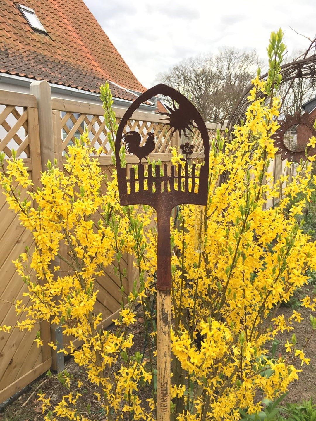 Crispe home & garden Edelrost Deko-Schaufel mit Regenmesser - Hahn auf Gartenzaun - Gartendekoration