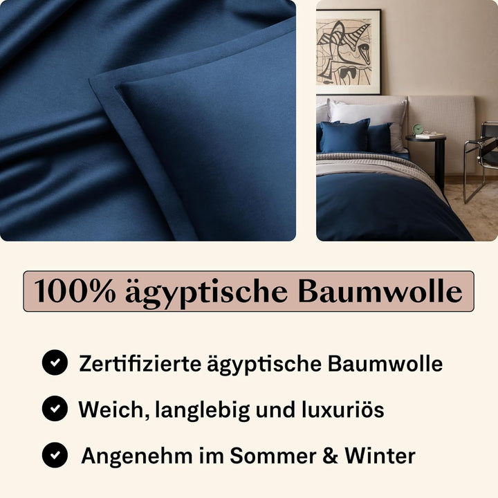 Amqua Mako Satin Bettwäsche Set 155x220cm + Kissenbezug 40x80cm, 100% ägyptische Baumwolle (Zertifiz