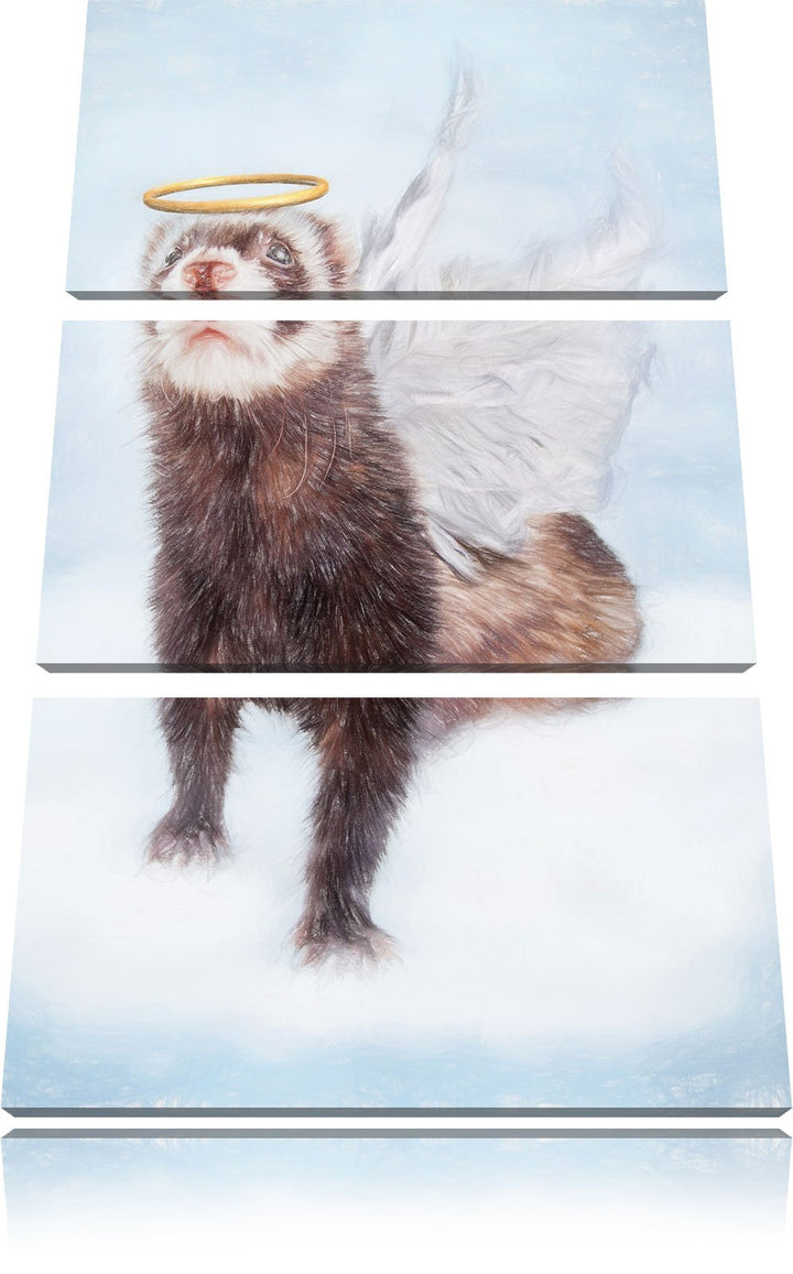 Pixxprint Süsses Frettchen im Engelsköstum Kunst Buntstift Effekt 3-Teiler Leinwandbild 120x80 Bild