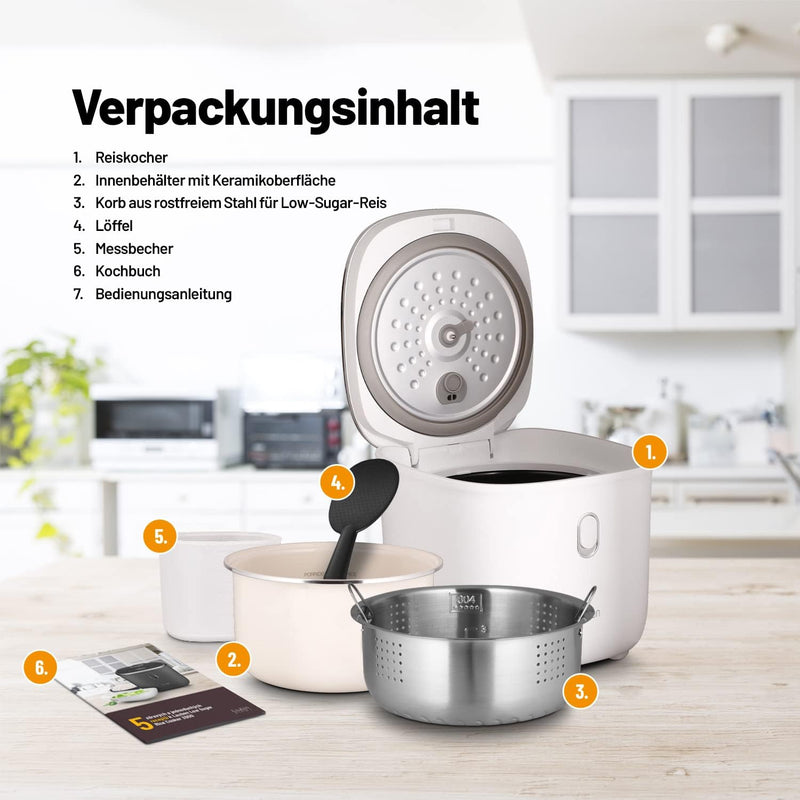 Lauben Low Sugar Reiskocher Rice Cooker mit Low-Sugar-Funktion, 3l Volumen, 6 modi, verzögerter Star