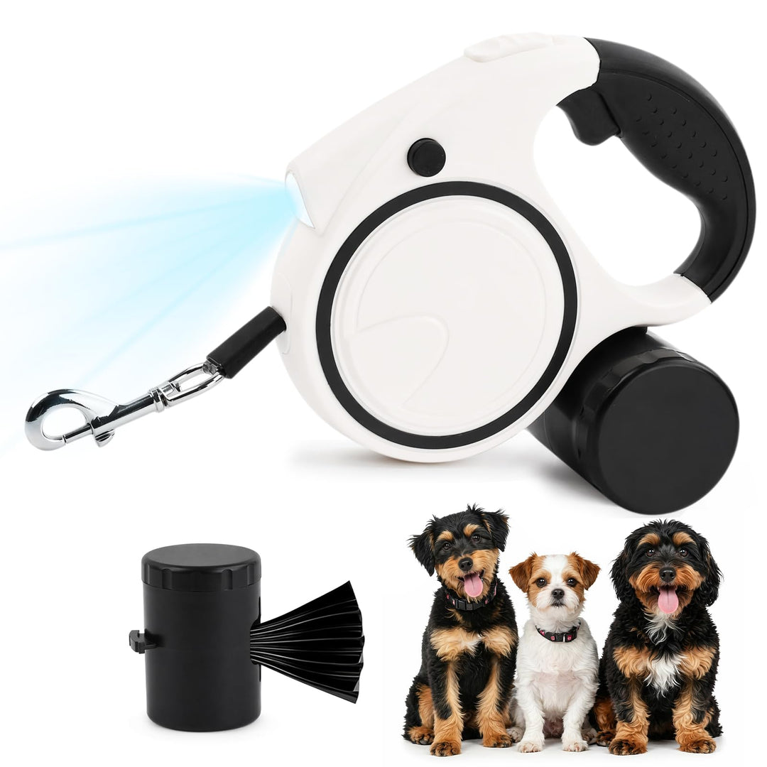 Hundeleine 5m, Ausziehbare Rollleine für Hunde mit LED-Licht und Kotbeutelhalter, 360° Verknotungsfr