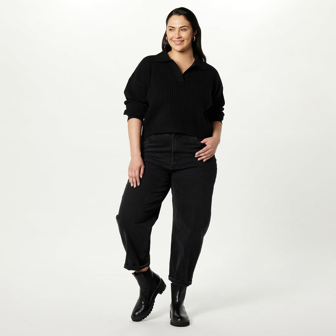 The Drop Damen Marcy Geripptes Polotop Pullover Sweater (1er Pack) M Schwarz, M Schwarz