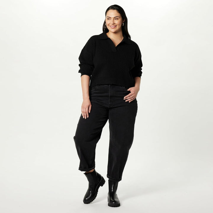 The Drop Damen Marcy Geripptes Polotop Pullover Sweater (1er Pack) M Schwarz, M Schwarz
