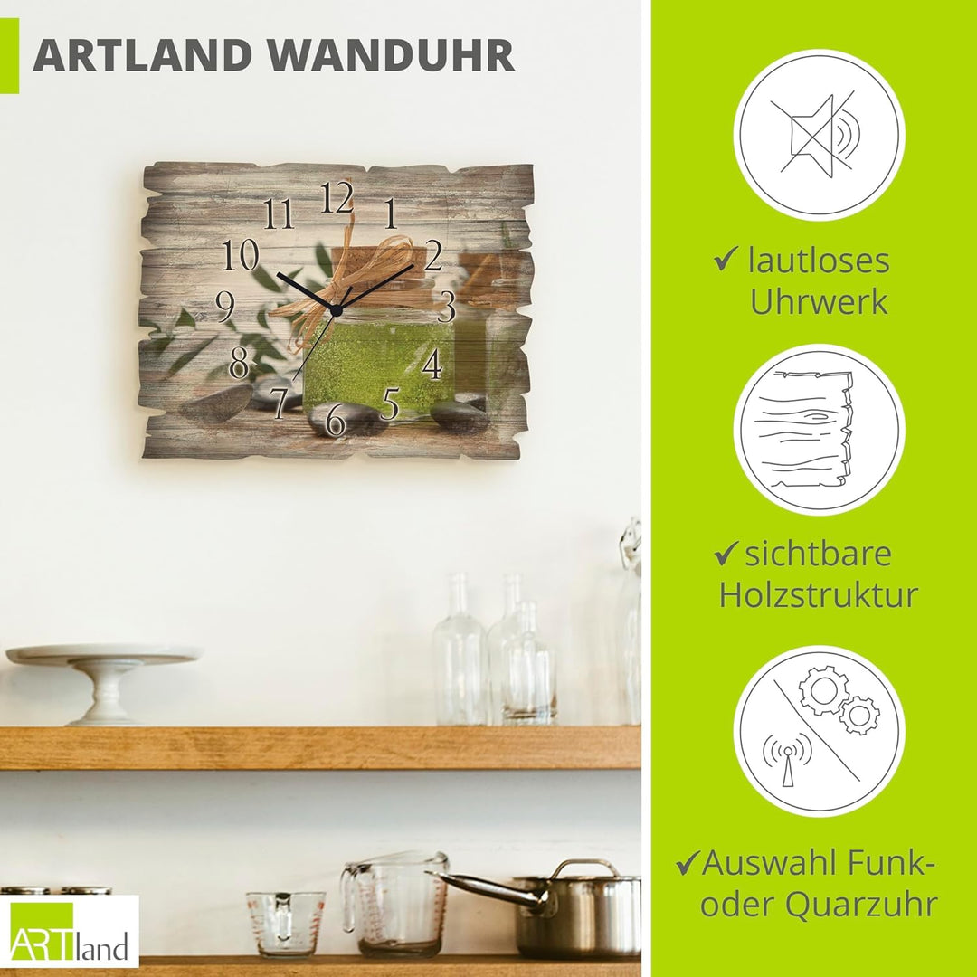 ARTLAND Wanddeko Wanduhr ohne Tickgeräusche aus Holz Funk Uhr lautlos Rechteckig 40x30 cm Wellness S