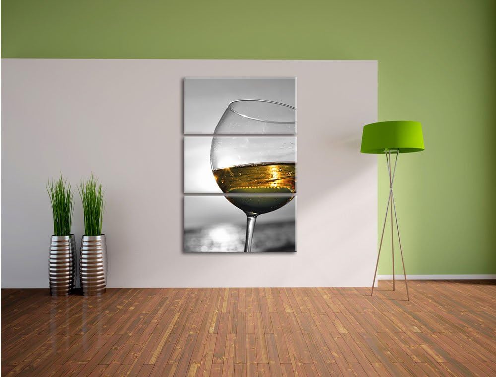 Pixxprint Wein in Gläsern am Meer schwarz/weiss / 3-Teilig/Gesamtmass 120cm Leinwandbild bespannt au