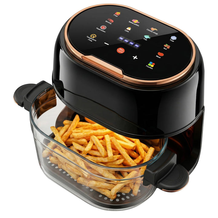 4L Sichtbarer Heissluftfritteuse AirFryer mit Stromausfall-Speicher, Glas-Schublade, 60-190°C Temper