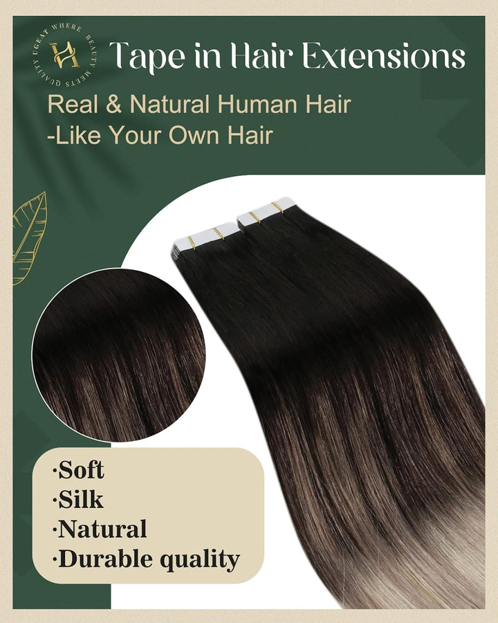 Ugeat 60cm Tape Extensions Echthaar Unsichtbar Balayage Tape Extensions Remy Echthaar 1B/18/60 Schwa