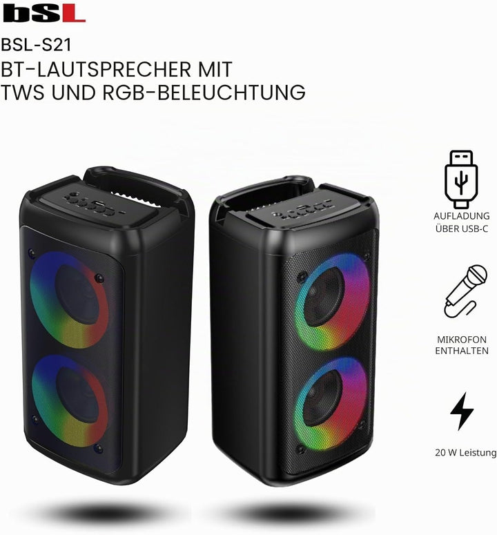 Bluetooth-Lautsprecher BSL-S21 mit Beleuchtung an den Lautsprechern | 2 Lautsprecher mit 4 Zoll | 20
