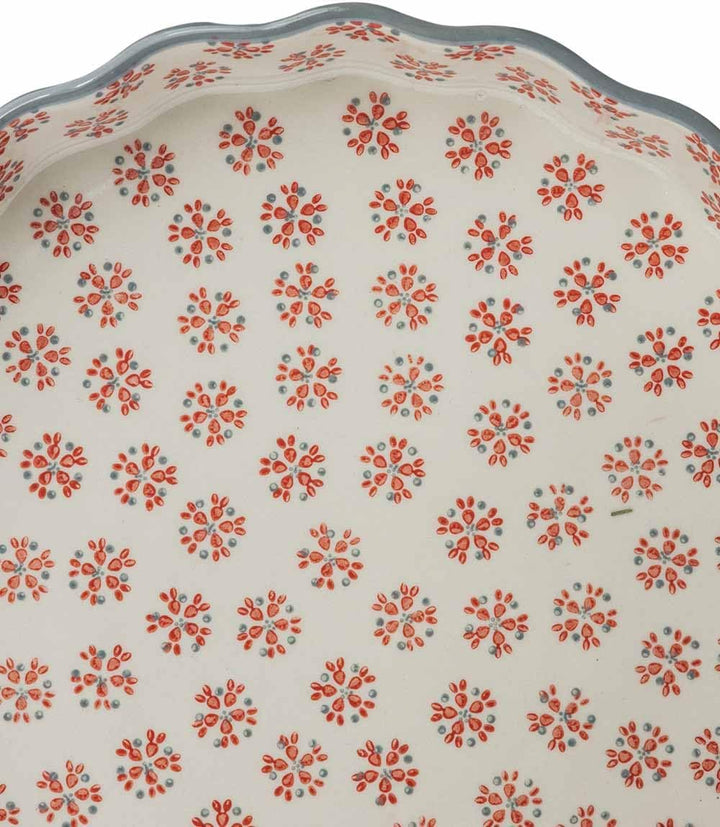 Tranquillo Quicheform aus Steinzeug mit handgestempeltem Print Grau/Rot Retro, 27 cm