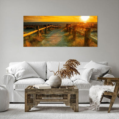 Wandbilder Dekoration Wohnzimmer Fussgängerbrücke Strand Urlaub Sonne Bilder auf Leinwand 120x50cm L