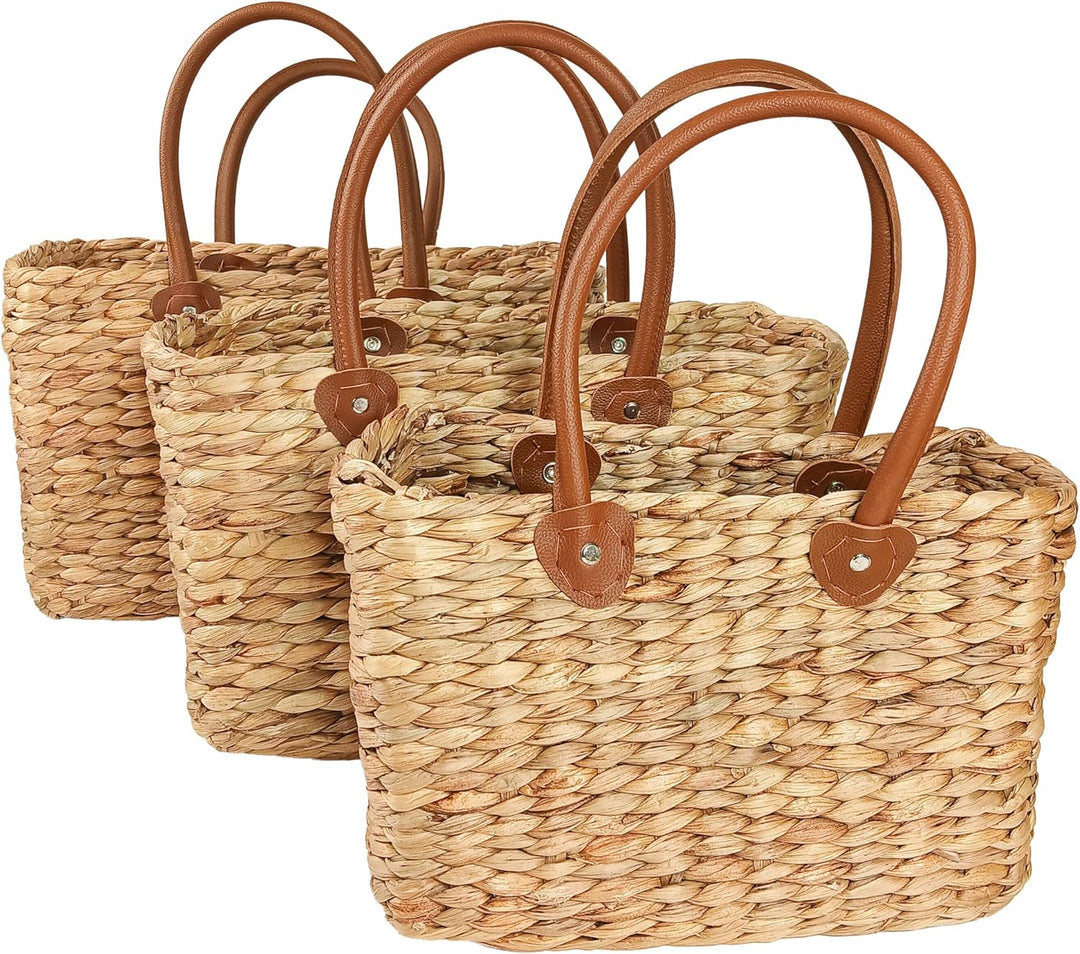 Kobolo Tasche Korbtasche Set aus Wasserhyazinthe - Kunstlederhenkel - eckig 3er Set
