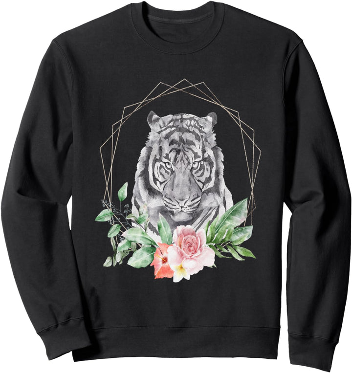 Tiger Geschenk Blumenrahmen Aquarell Schwarz Sweatshirt