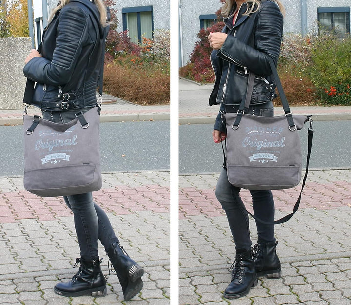 JENNIFER JONES - Grosse Damen Handtasche aus Canvas und Echtleder - Vintage Look - Casual Schulterta