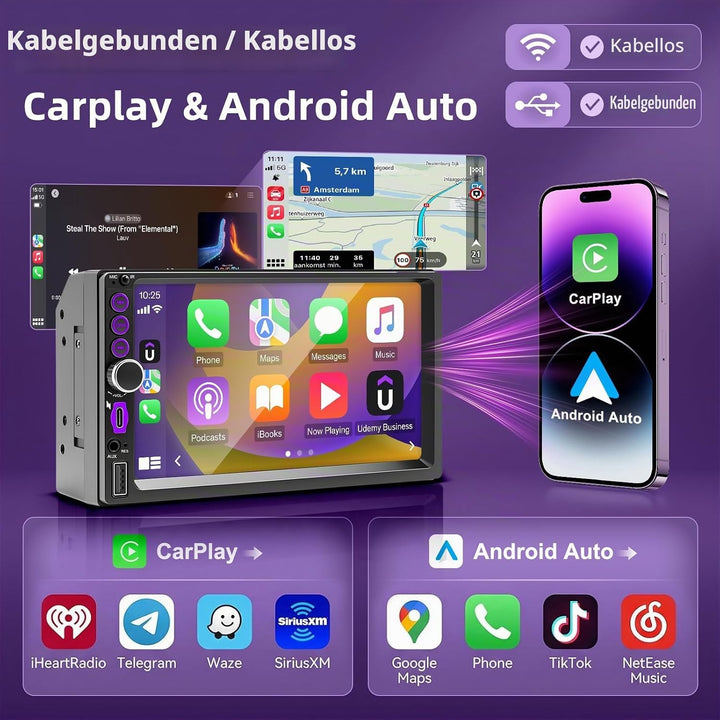 Autoradio 2 DIN mit Wireless CarPlay und Android Auto, 7 Zoll Touchscreen Bildschirm, Bluetooth Frei
