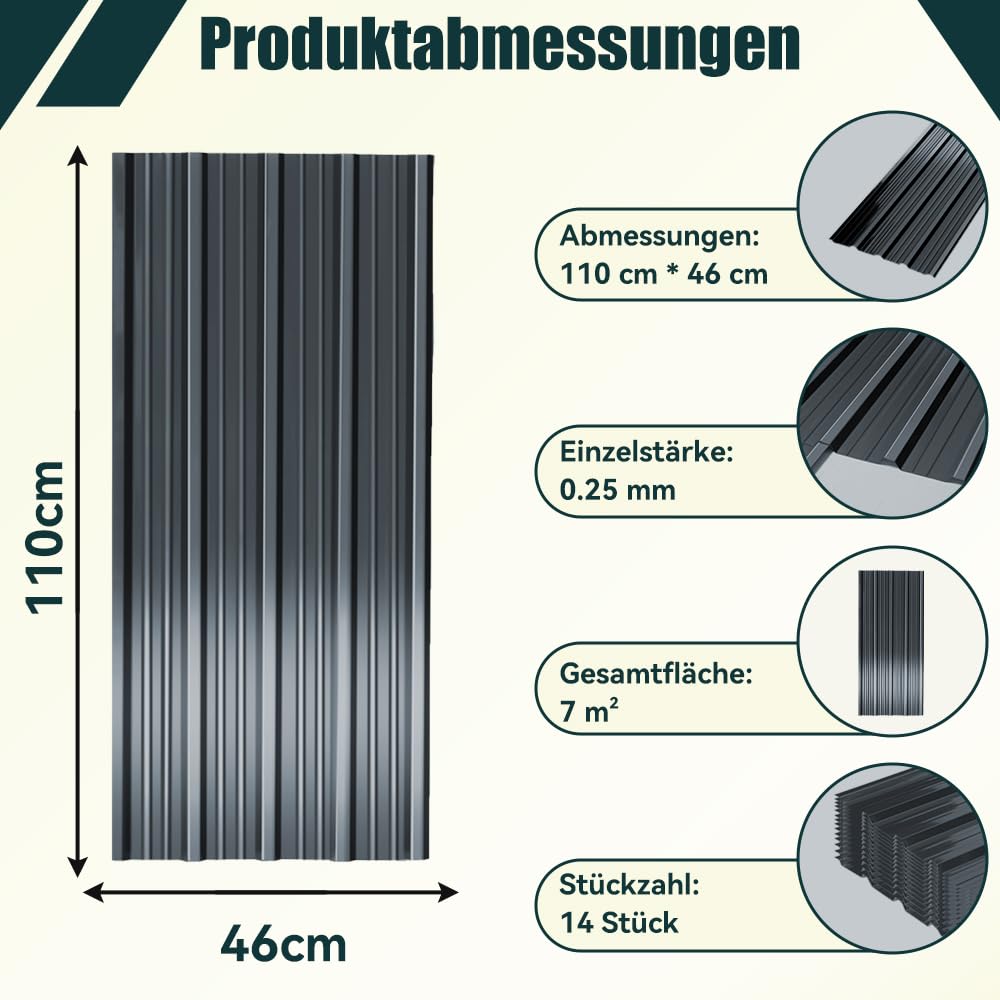 14er Set Trapezblech 110x46cm, 7m² verzinkt Profilblech Dachblech, Wellblech Platten für Dach, für d
