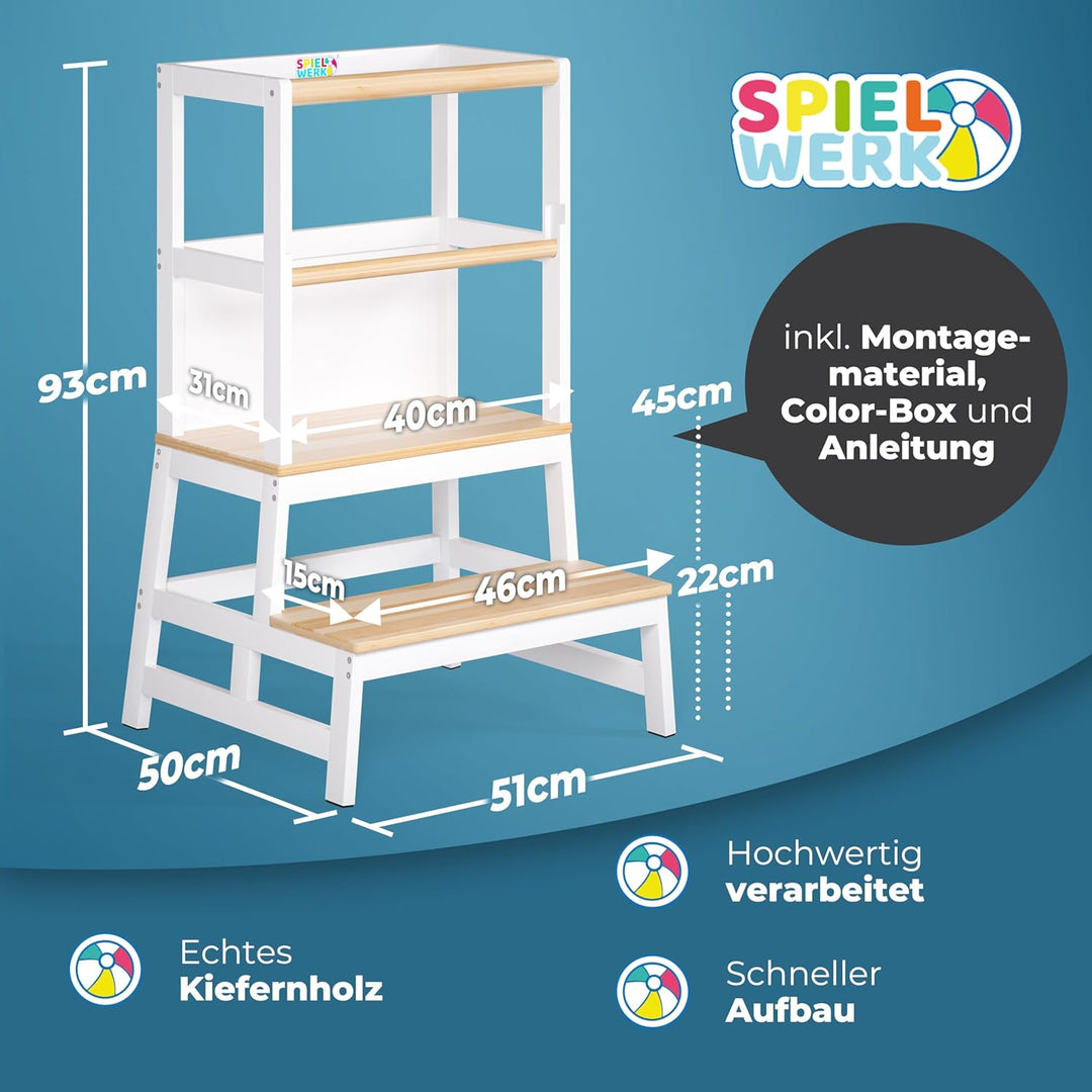 Spielwerk® Lernturm ab 2 Jahren Kinder mit Tafel Montessori 93cm Hoch Learning Tower 100kg Belastbar
