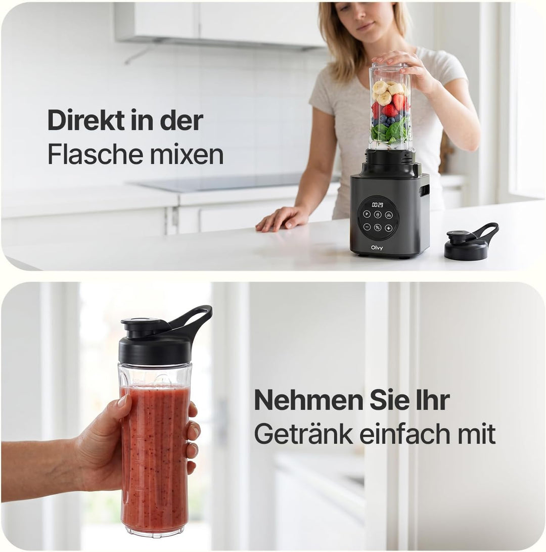 Olvy Standmixer Smoothie Maker 1500ml Glas To-Go 1000W 9 Stufen Display-Silver, Silver