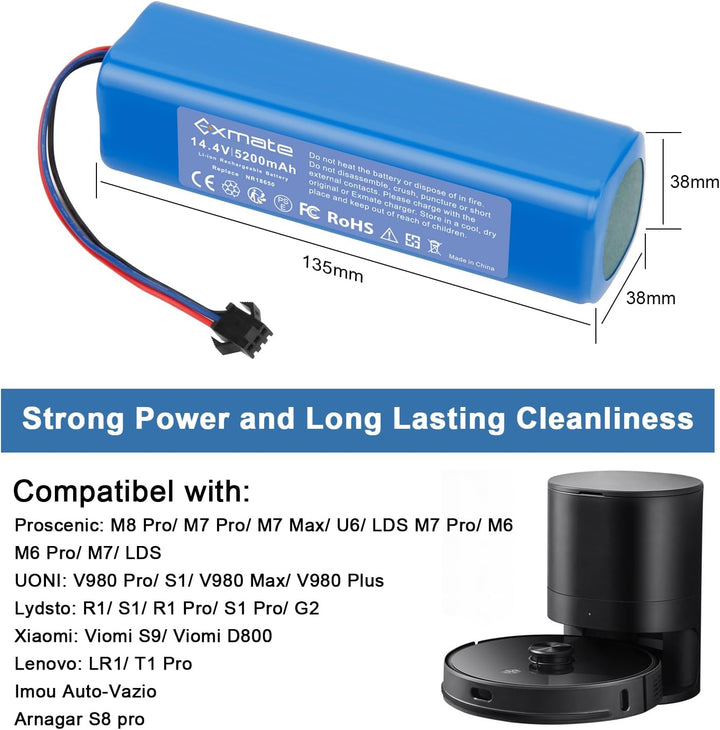 Exmate 14.4V 5200mAh Li-Ion Ersatzakku für Proscenic M7 Pro M8 Pro,LDS M7 Pro,M7 Max, U6/Lydsto R1/U