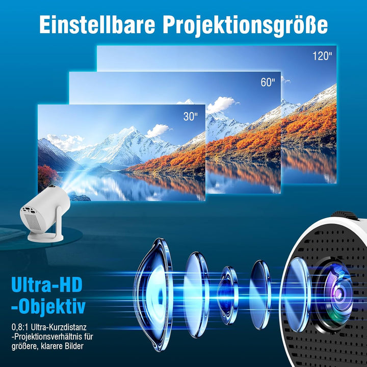 Tragbarer Mini Beamer 4K mit WiFi 6 und Bluetooth, Kleiner Projektor für unterwegs, 360° drehbarer F